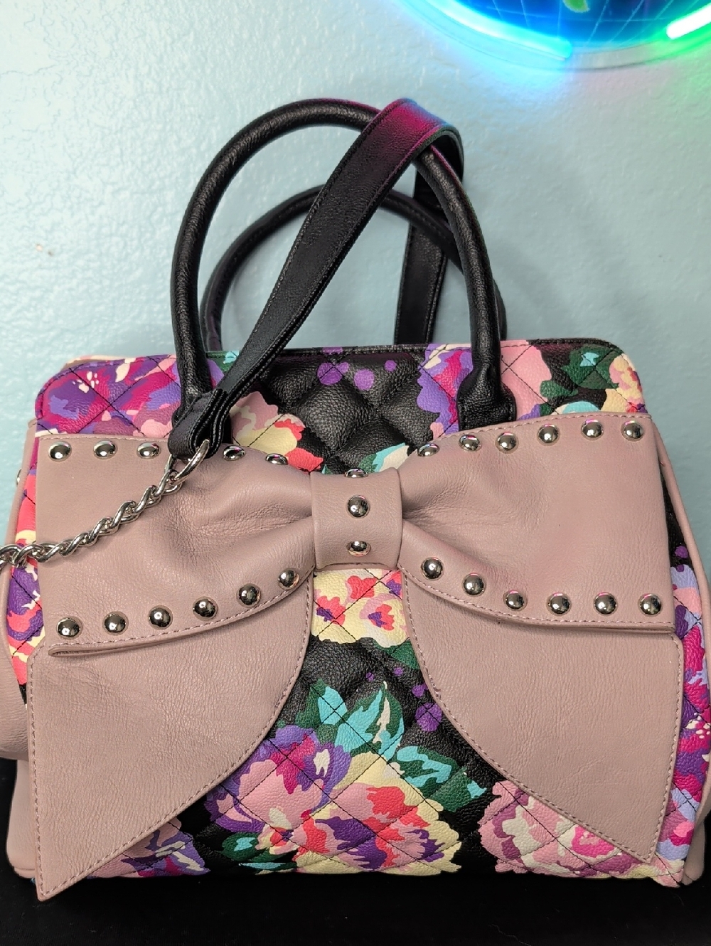 Betsey Johnson Quilted Floral Studded Oversized Bow Satchel Bag